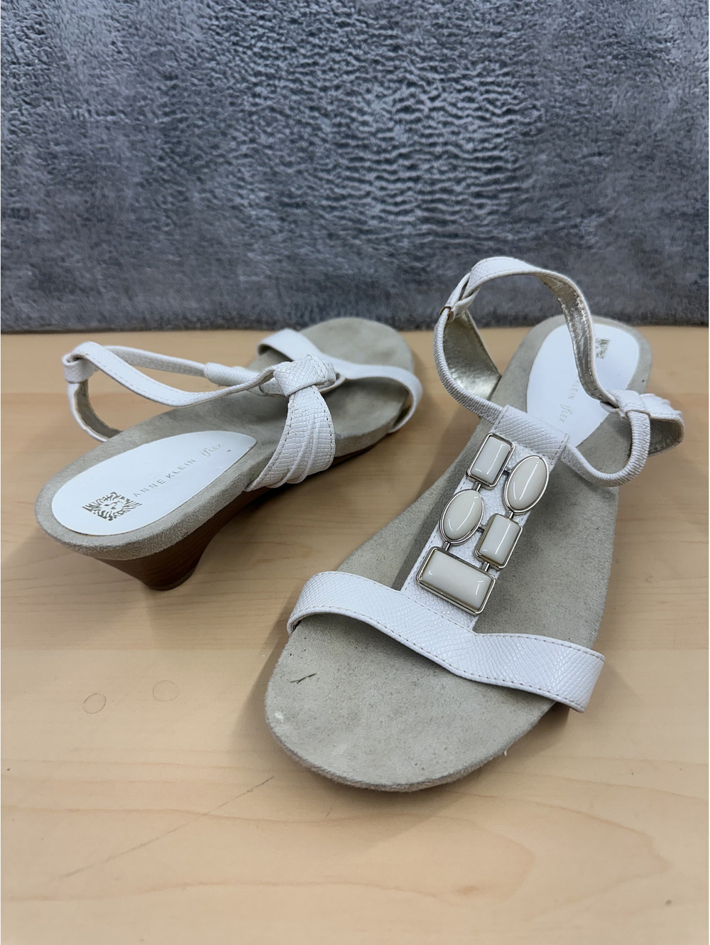 Anne Klein White Sandals with Gemstone Embellishments and Kitten Heel